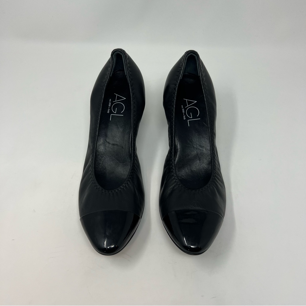 Agl Classic Black Leather Cap Toe Pump Block Heel Shoes Size 10 Women